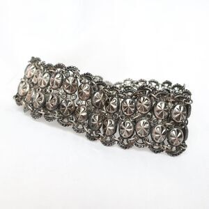 Vintage Silver Tone Filigree Panel Link Bracelet 1970s Boho Stamped Chain Gift